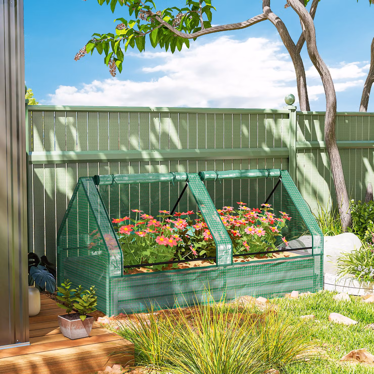 Outsunny Metal Raised Garden Bed with Greenhouse Cover in Green for Herbs and Vegetables – 4