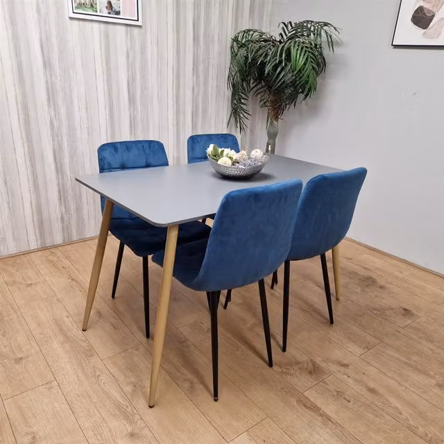 Kosy Koala Modern Rectangular Dining Table Set with 4 Blue Velvet Chairs in Brown and Grey
