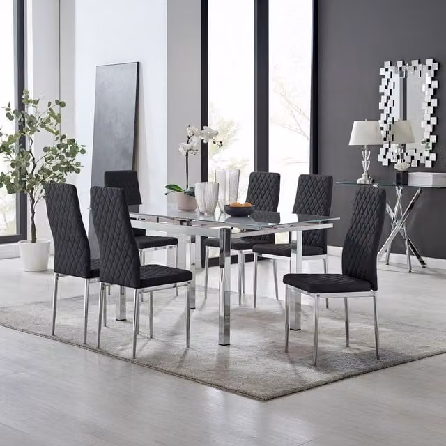FurnitureboxUK Enna White Glass Extending Modern Rectangular Kitchen Dining Table and 6 Black Milan Chairs