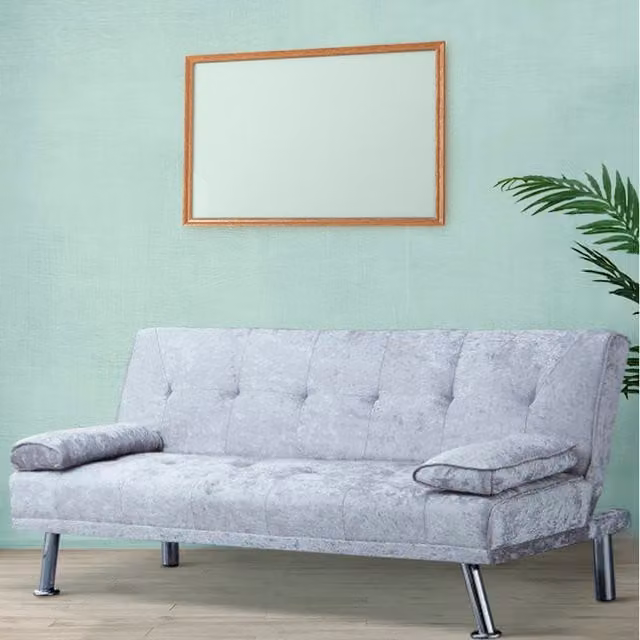 Comfy Living Italian Style Crush Velvet Click Clack Sofa Bed with Chrome Legs in Silver