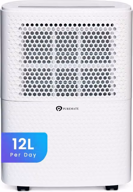 PureMate White Dehumidifier and Air Purifier with 12L Daily Capacity, Digital Humidity Display, Continuous Drainage and 24-Hour Timer – 1