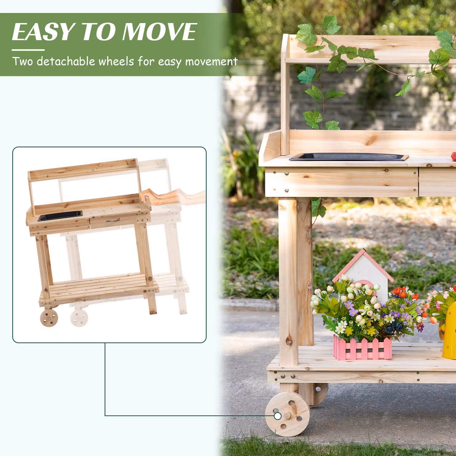Outsunny Wooden Garden Potting Bench with Sink, Drawer and Storage, Brown, W/D/H: 92 x 45 x 119 cm – 3