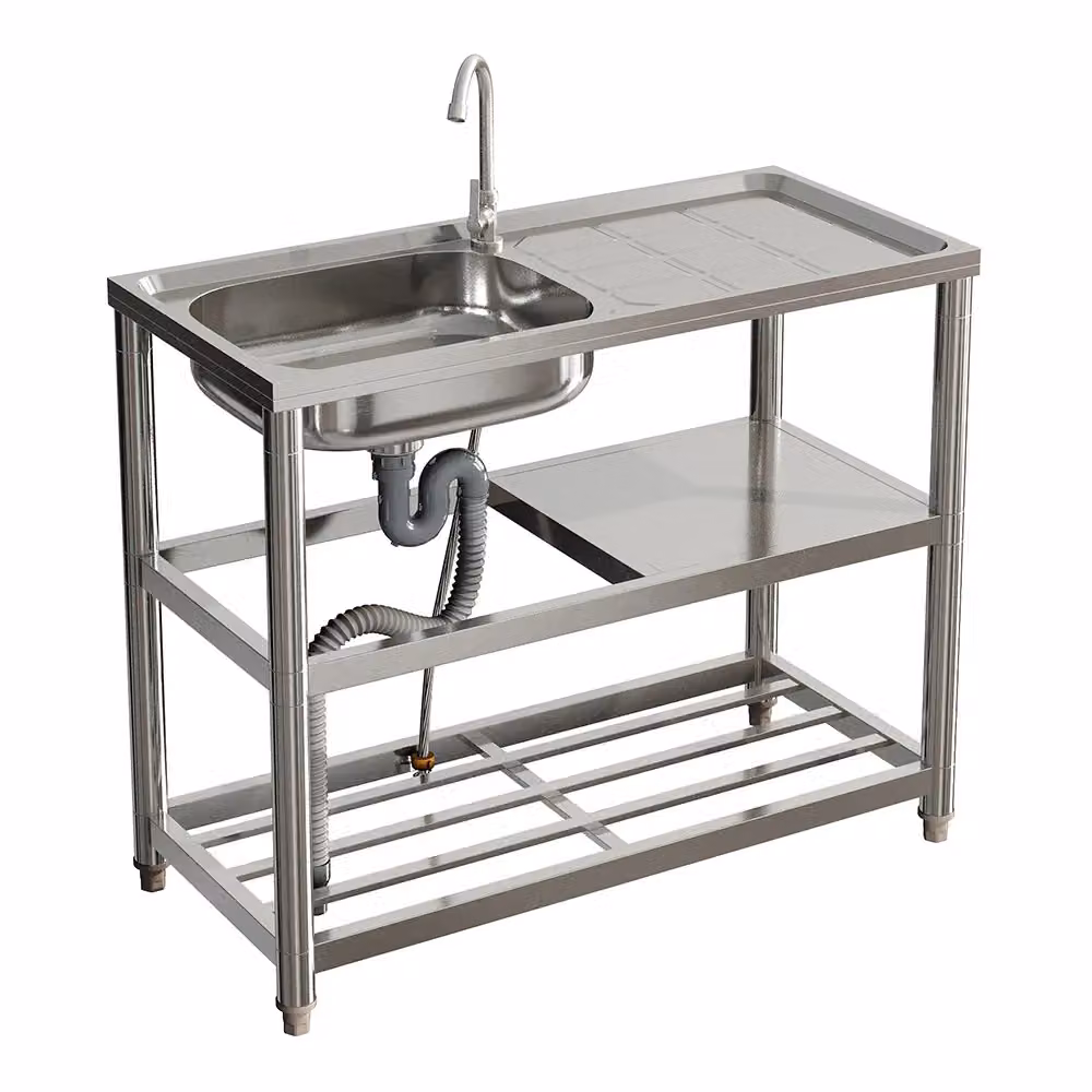 H&O Direct Stainless Steel Single Basin Sink with Shelves and Drainboard, Silver, W: 80.0 cm, D: 45.5 cm, H: 98.0 cm – 3