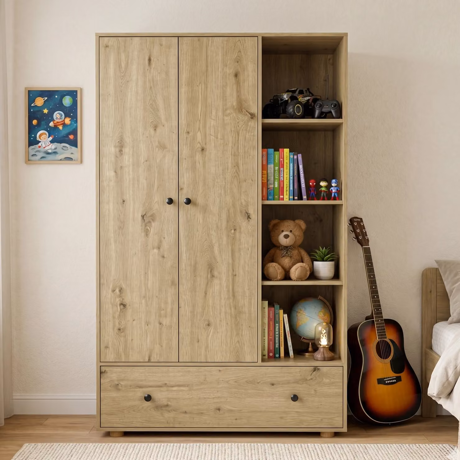 DHS Kids Triple Wardrobe with Drawers and Open Shelves in Brown, H 176 x W 102 x D 50 cm