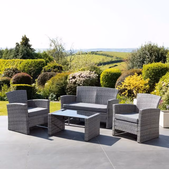 Artemis Home Covea Dark Grey Rattan Garden Lounge Set with 2 Seat Sofa, 2 Chairs and Glass Table – 1