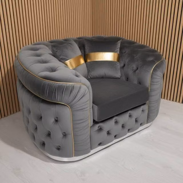 Stratus Interiors Ambassador Chesterfield Sofa in Mid Grey Plush Velvet with Gold Trim