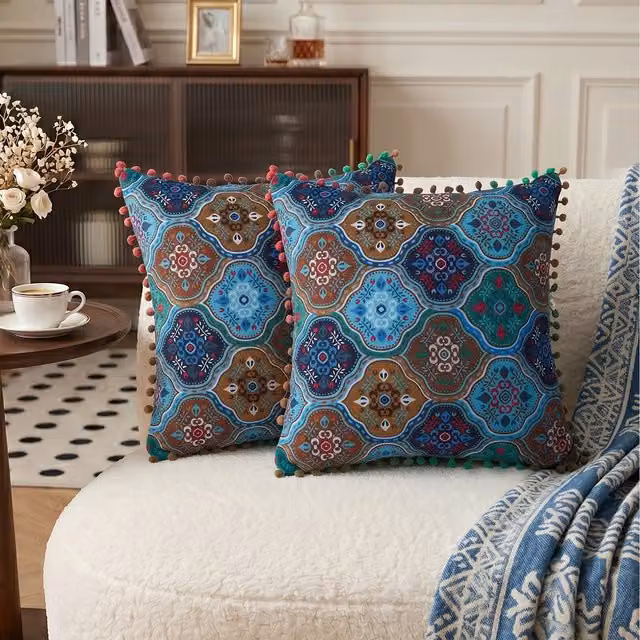 Livingandhome Pack of 2 Blue Turkish Style Exotic Pattern Square Linen Throw Pillows with Inserts, W/D/H: 45 x 45 x 45 cm