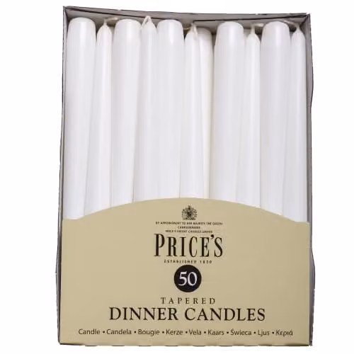 Price's Candles Classic White Tapered Dinner Candles, Pack of 50