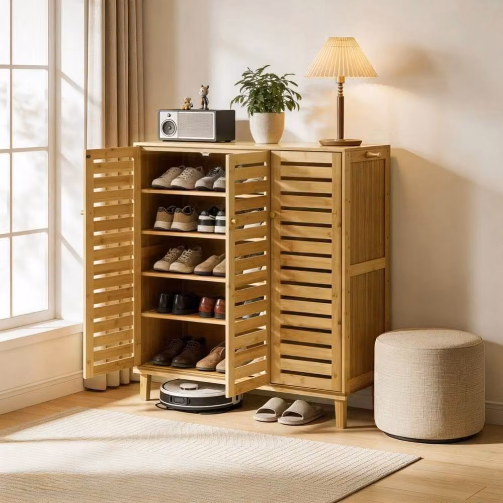 NESTLUNE 3 Door 5-Tier Tall Wood Shoe Cupboard Organizer in Sand, W/D/H: 100 x 15 x 100 cm – 2