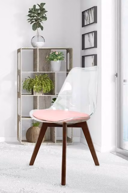 Fusion Living Soho Dining Chair with Clear Plastic Seat and Dark Wood Legs in Dusty Pink