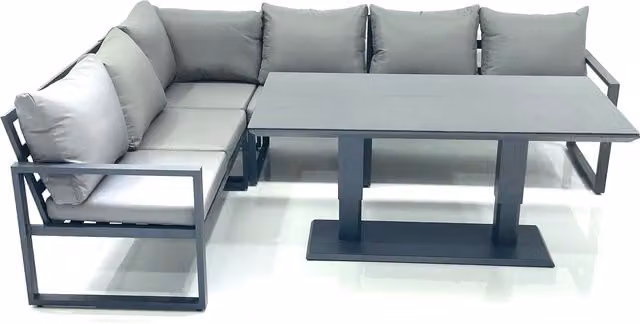 Fimous 6-Seater Aluminium Corner Sofa Set with Adjustable Rising Glass Dining Table in Dark Grey