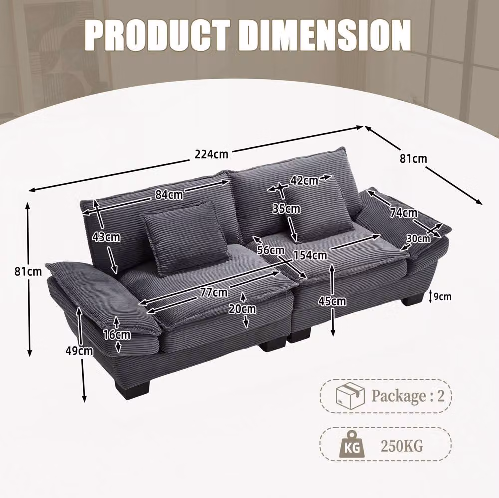 STILVORA 2 Seater Grey Corduroy Upholstered Sofa with Scatter Cushions – 3