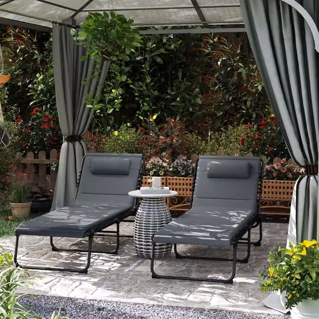 Outsunny Set of 2 Folding Sun Loungers in Charcoal Grey with Adjustable Headrests and Powder Coated Steel Frame