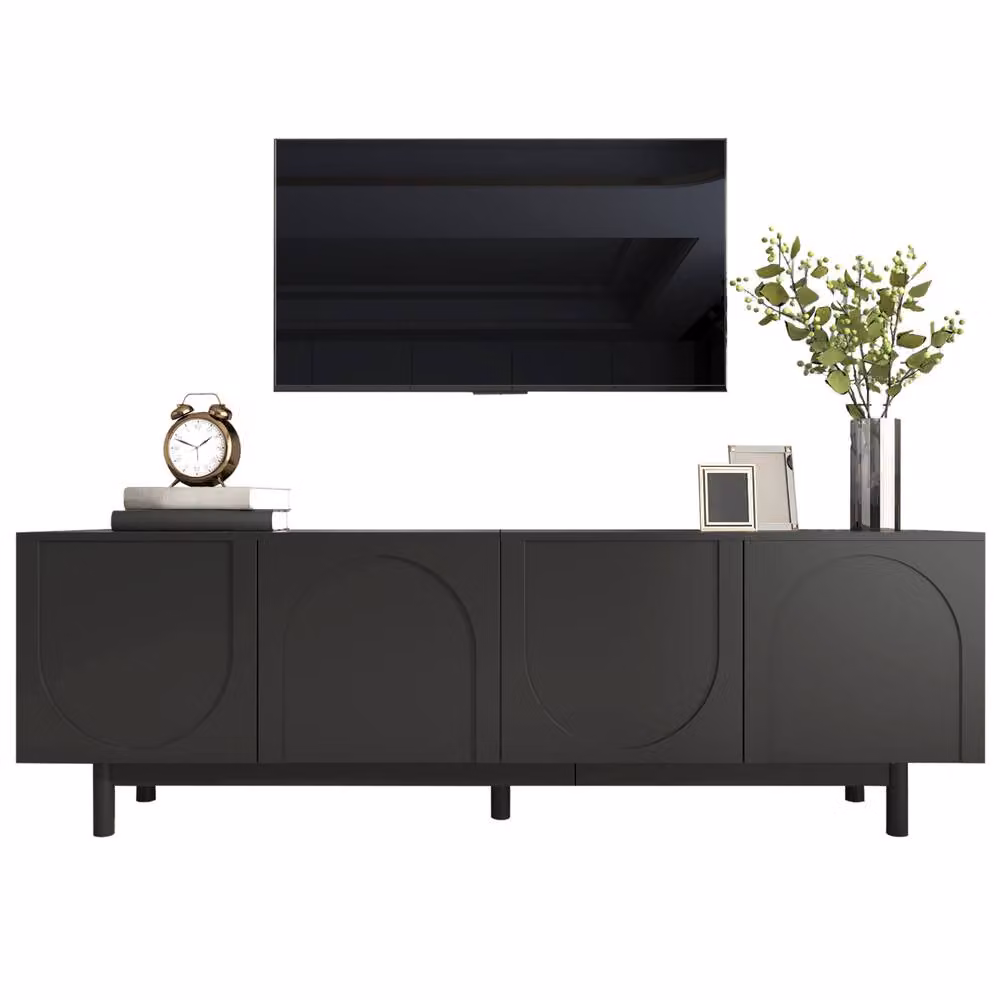 ModernLuxe Black Matt TV Cabinet with 4 Doors and Adjustable Shelves, W/D/H: 175 x 40 x 56 cm – 4