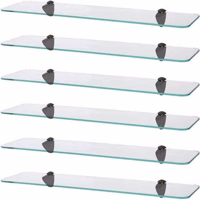 Harbour Housewares Set of 6 Modern Black and Transparent Glass Wall Mounted Floating Shelves, Width: 60 cm