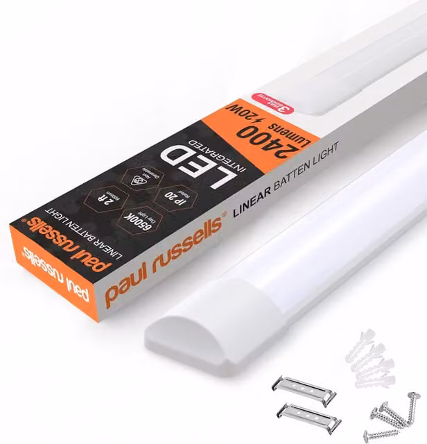 Paul Russells 2 Foot Slim LED Batten Light, 20W, 2400 lm, 6500K Cool White, IP20, White