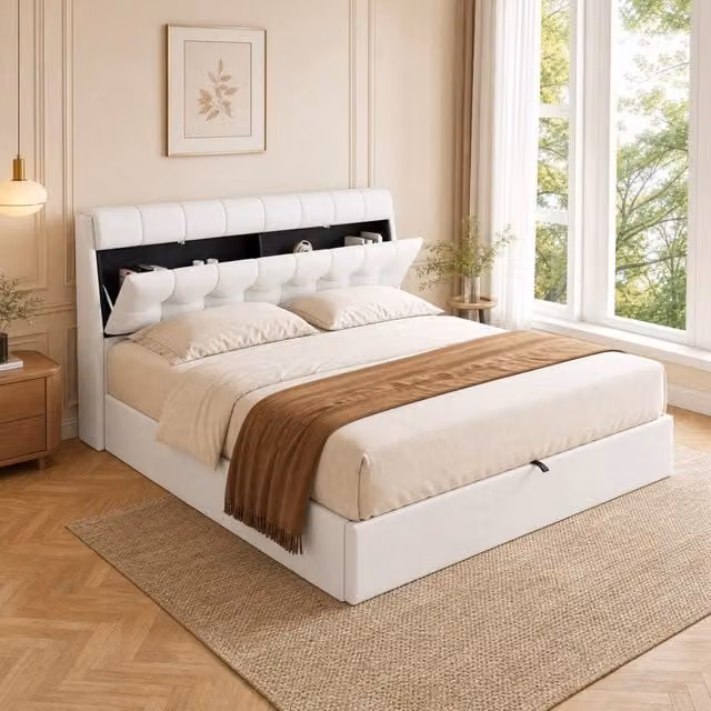 STILVORA Modern Upholstered Double Bed with Hydraulic Lift-Up Storage in Beige Synthetic Leather W/D/H: 140 x 200 cm – 1
