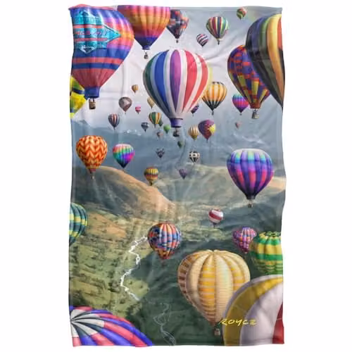 JQ Licensing Royce Mcclure Hot Air Balloon Sky Roads Super Soft Silky Touch Fleece Throw Blanket, Multicolour, W/D/H: 91 x 147 cm