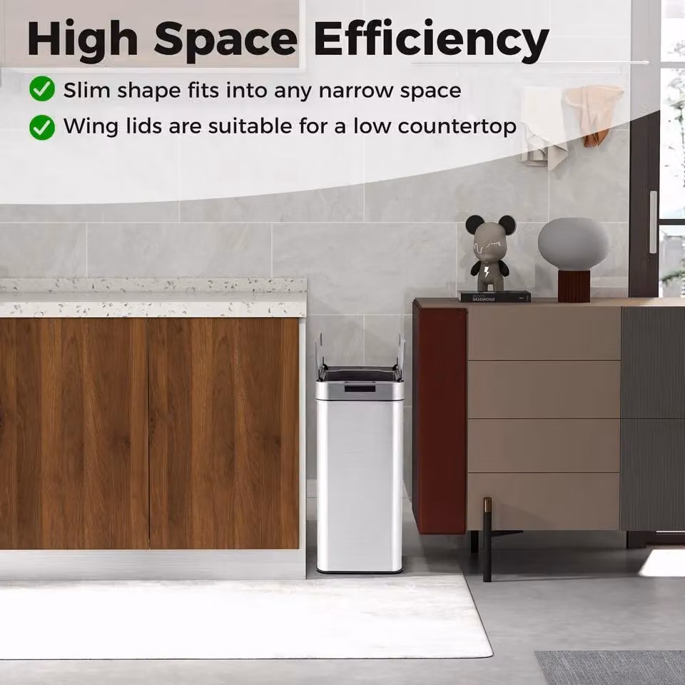 Costway Slim Automatic Sensor Kitchen Trash Can with Wing Lids, 50L, Silver Stainless Steel – 6