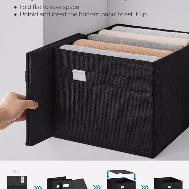 SONGMICS Set of 4 Black Fabric Wardrobe Storage Baskets with Handles and Label Holders