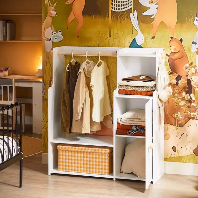 SoBuy Children's Wardrobe in White with Bamboo Hanging Rod and Internal Shelves