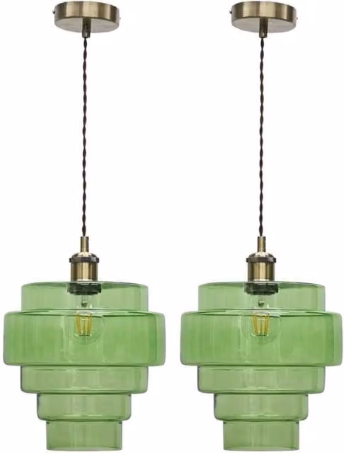 First Choice Lighting Benson Set of 2 Green and Antique Brass 5 Tier Cylinder Pendant Lights
