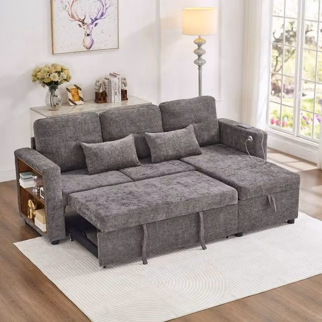 Merax Reversible L-Shaped Sectional Sofa Bed in Grey with USB Charging Station and Trundle Bed