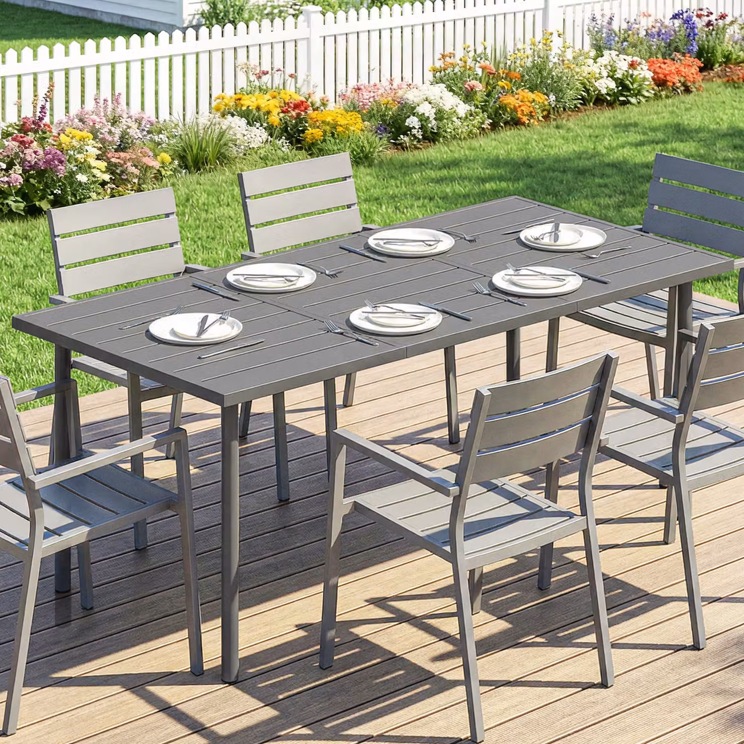 Outsunny Extendable Rectangular Garden Dining Table in Grey Powder Coated Steel, W: 165 cm, D: 80 cm, H: 74 cm – 6