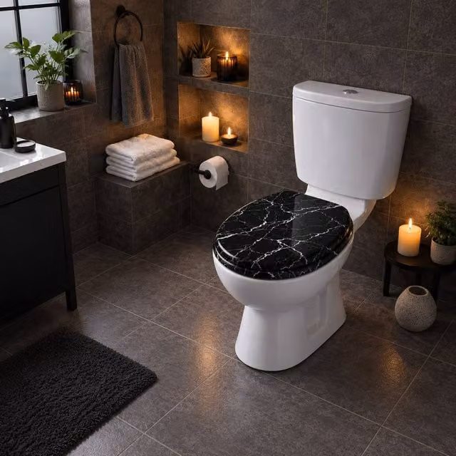 Spot On Dealz Black Marble Effect Oval MDF Wood Toilet Seat, 45.72 cm