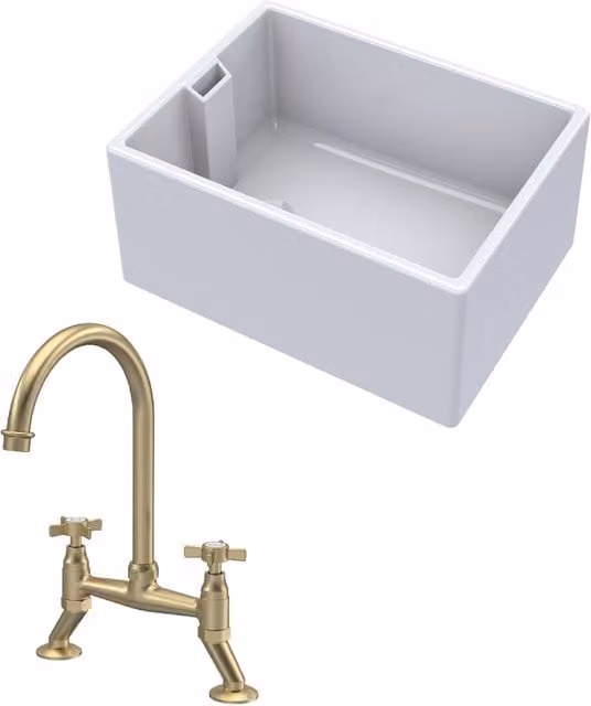 Balterley White Ceramic 1 Bowl Belfast Kitchen Sink with Brushed Brass Tap, Width: 61.5 cm