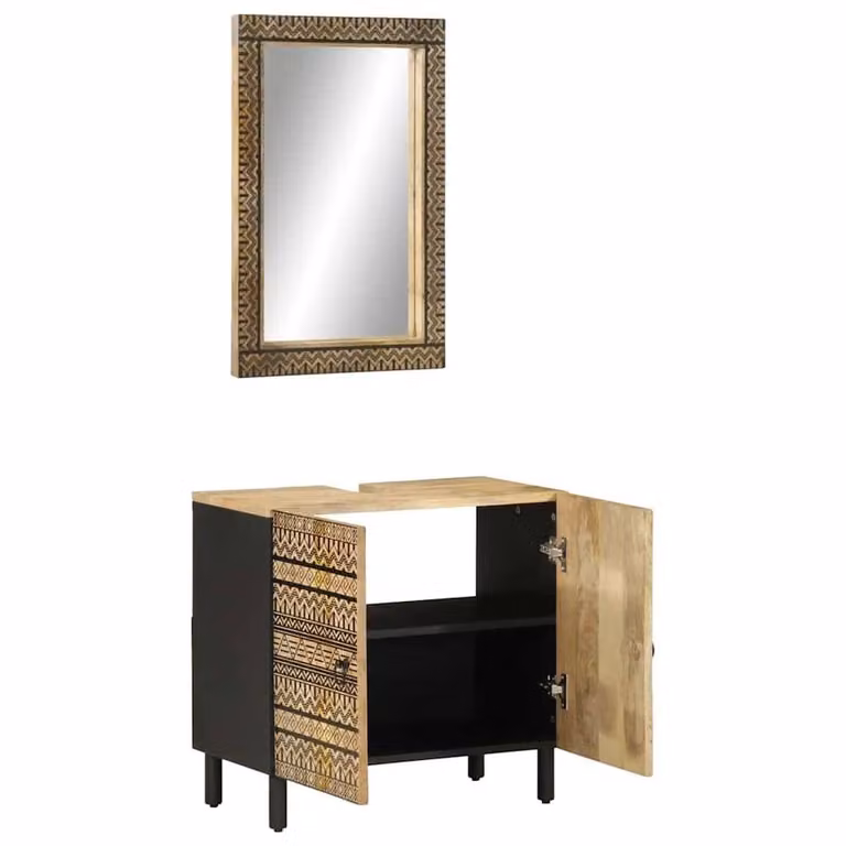 Berkfield Home 2 Piece Bathroom Furniture Set in Brown Solid Mango Wood with Vanity Unit and Mirror Cabinet