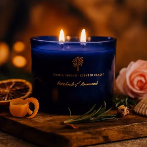 Nicola Spring Patchouli & Rosewood Scented Candle and Reed Diffuser Set in Blue, 350g Soy Wax Candle and 200ml Diffuser – 1