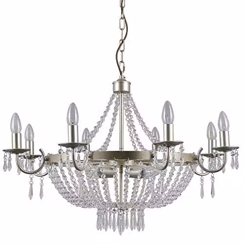 Netlighting Champagne Hanging Pendant Light with 12 Crystal Glass Shades in Beige and Gold/Brass