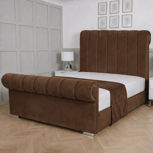 Living Comfort Bedz Orion Plush Velvet Upholstered Bed with Slatted Base and 48 Inch Headboard, Brown, W/D/H: 140 x 200 cm