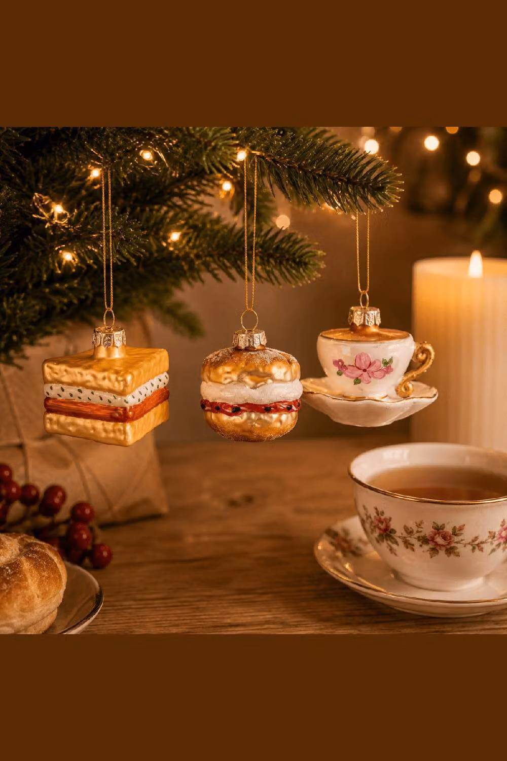 Sass & Belle Set of 3 Hand-Painted Glass Afternoon Tea Christmas Tree Bauble Decorations in Gold and Multicolour – 2