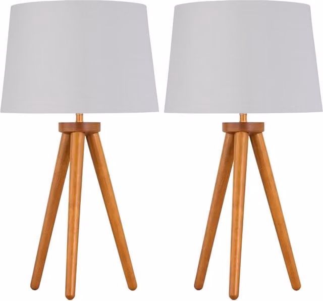 First Choice Lighting Set of 2 Dark Oak Table Lamps with White and Silver Fabric Shades in Brown, H 51 cm x W 28.5 cm x D 28.5 cm