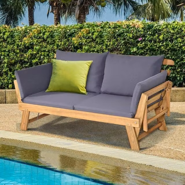 PAWNORA 2 Seater Outdoor Sofa Bed in Grey with Acacia Wood Frame and Upholstered Matt