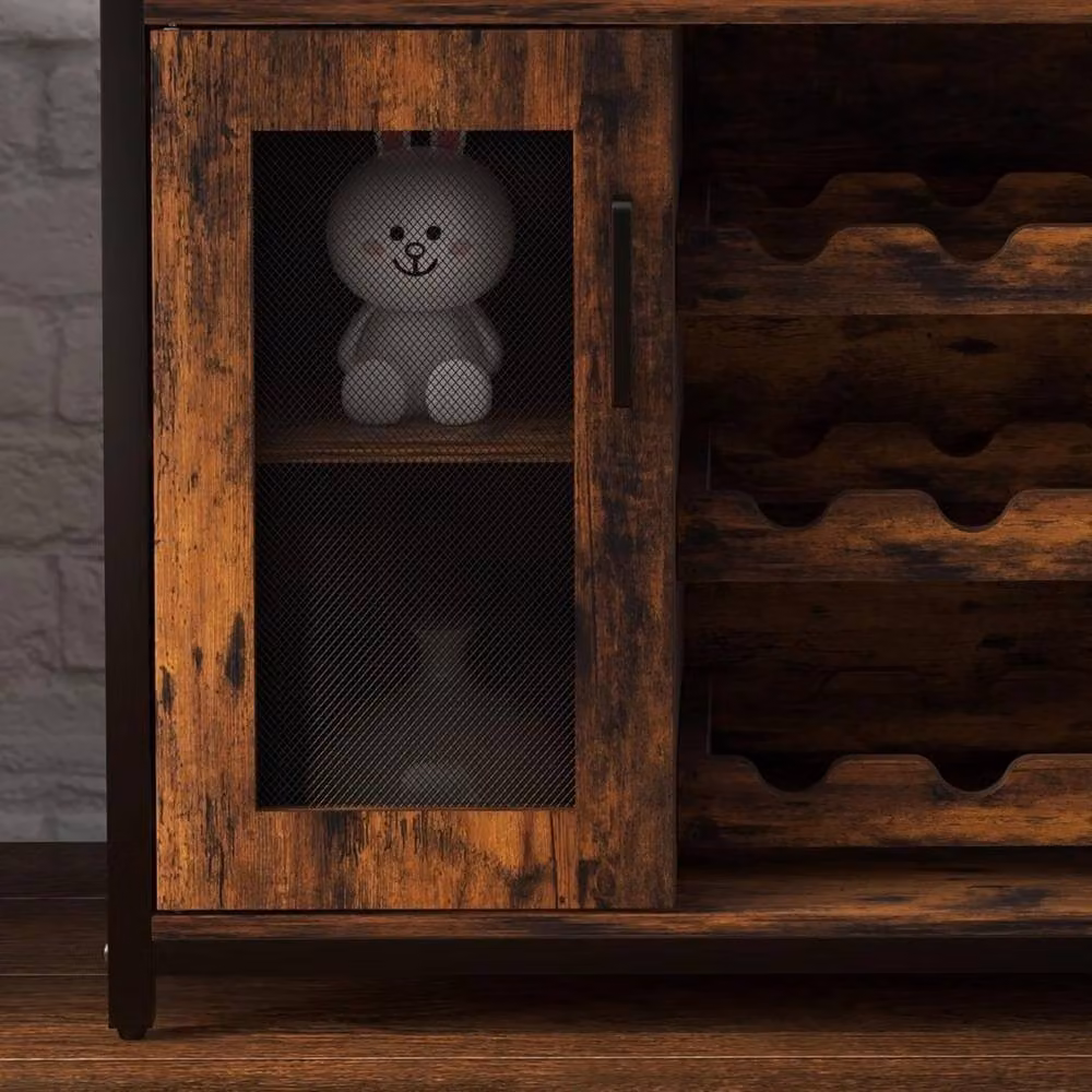 VOGREX Brown Industrial Wine Bar Rack Cabinet with Detachable Storage and Glass Holder – 4