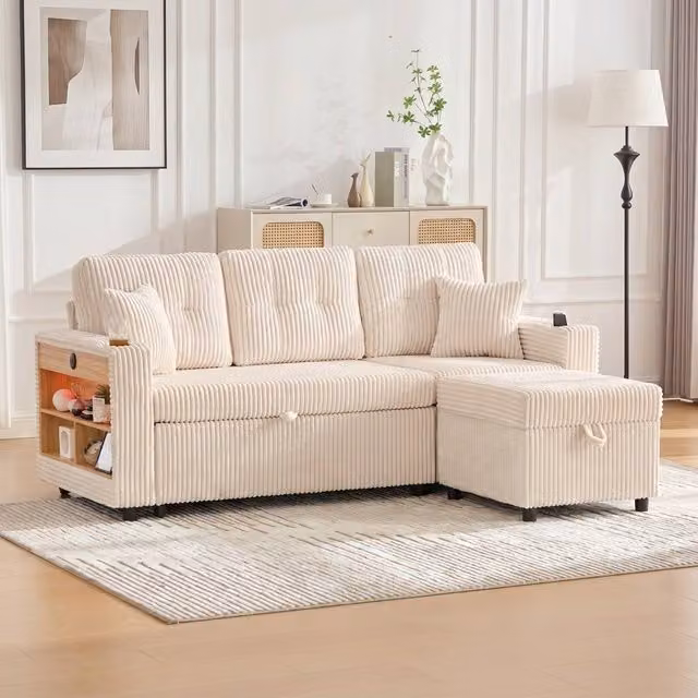STILVORA Beige Corduroy Sofa Bed with Storage, USB Charging, LED Lighting and Cup Holder, W/D/H: 196 x 85 x 82 cm