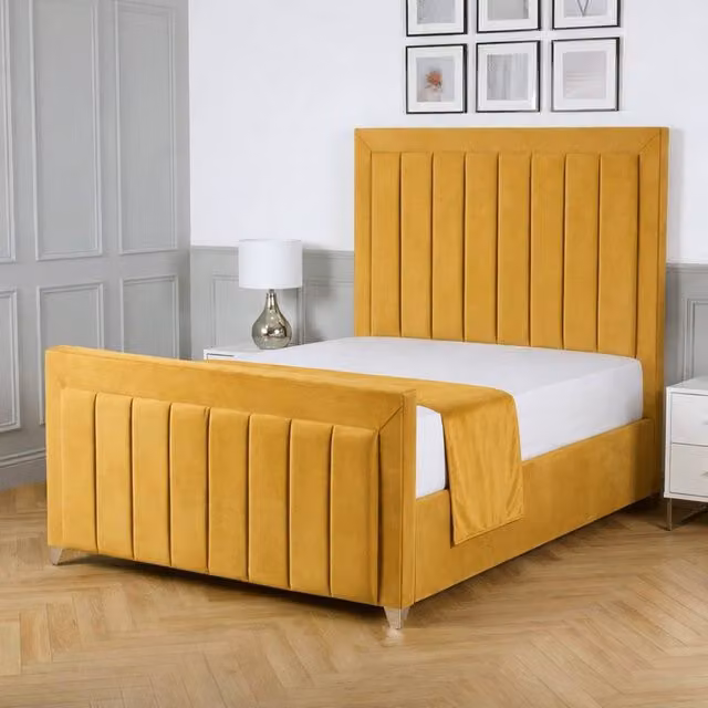 Living Comfort Bedz Elara King Size Upholstered Velvet Gas Lift Storage Bed in Yellow