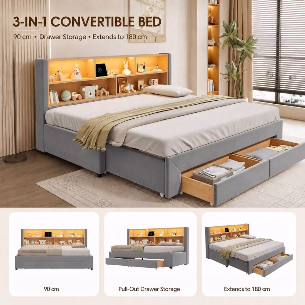 ModernLuxe Grey Velvet Upholstered Daybed with Pull Out Guest Bed, LED Storage Headboard and 2 Drawers, W/D/H: 90 x 190 x 82.5 cm – 5