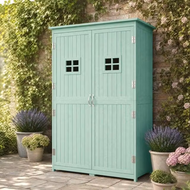 STILVORA Green Pent Garden Storage Shed with Double Doors, Window and Shelving – 1