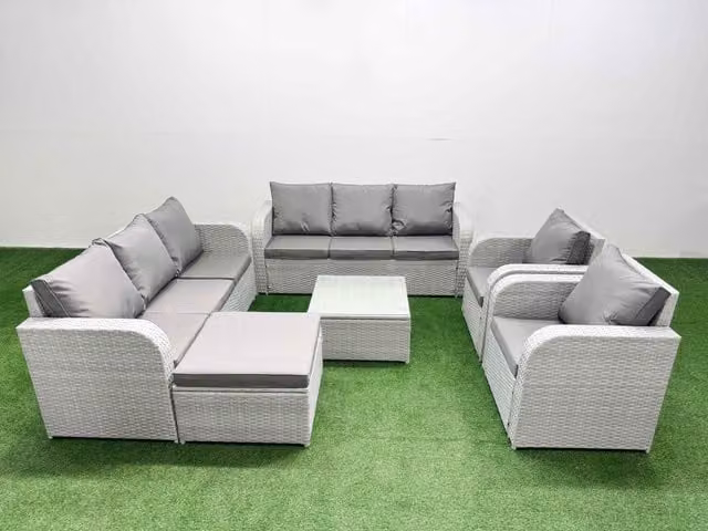 Fimous PE Rattan High Back Lounge Sofa Set in Light Grey with 3 Seater Sofa, Reclining Chair, Big Footstool and Square Coffee Table