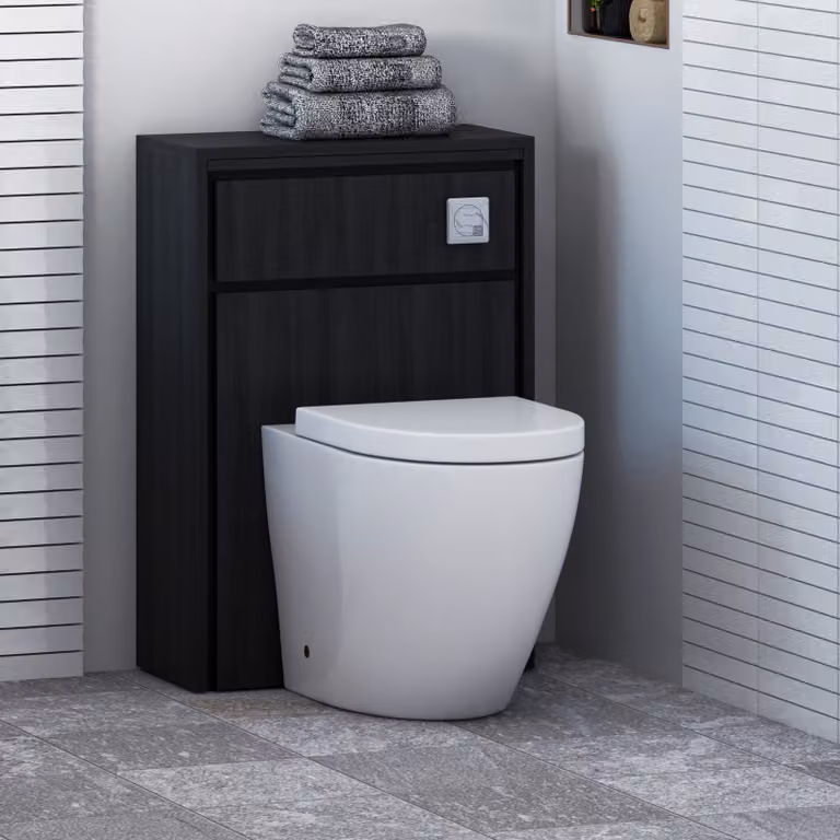 Livora Black Woodgrain Wall Mounted WC Unit with Elva White Rimless Ceramic Toilet Pan, Soft Close Seat and Cistern, Width: 55.5 cm