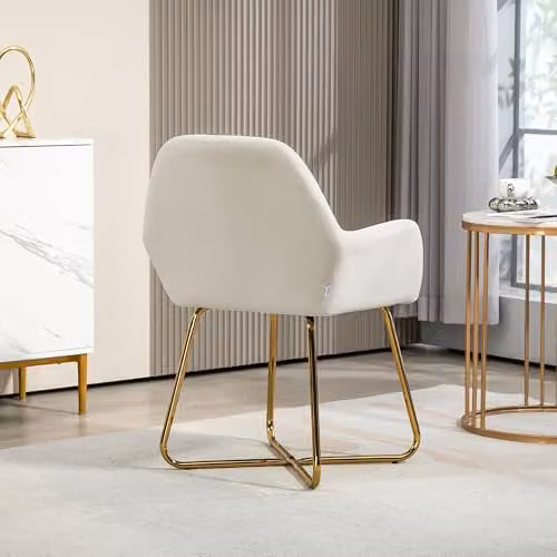 HOMCOM Set of 2 Modern Velvet-Touch Fabric Accent Chairs with Metal Frame in Beige and White – 3