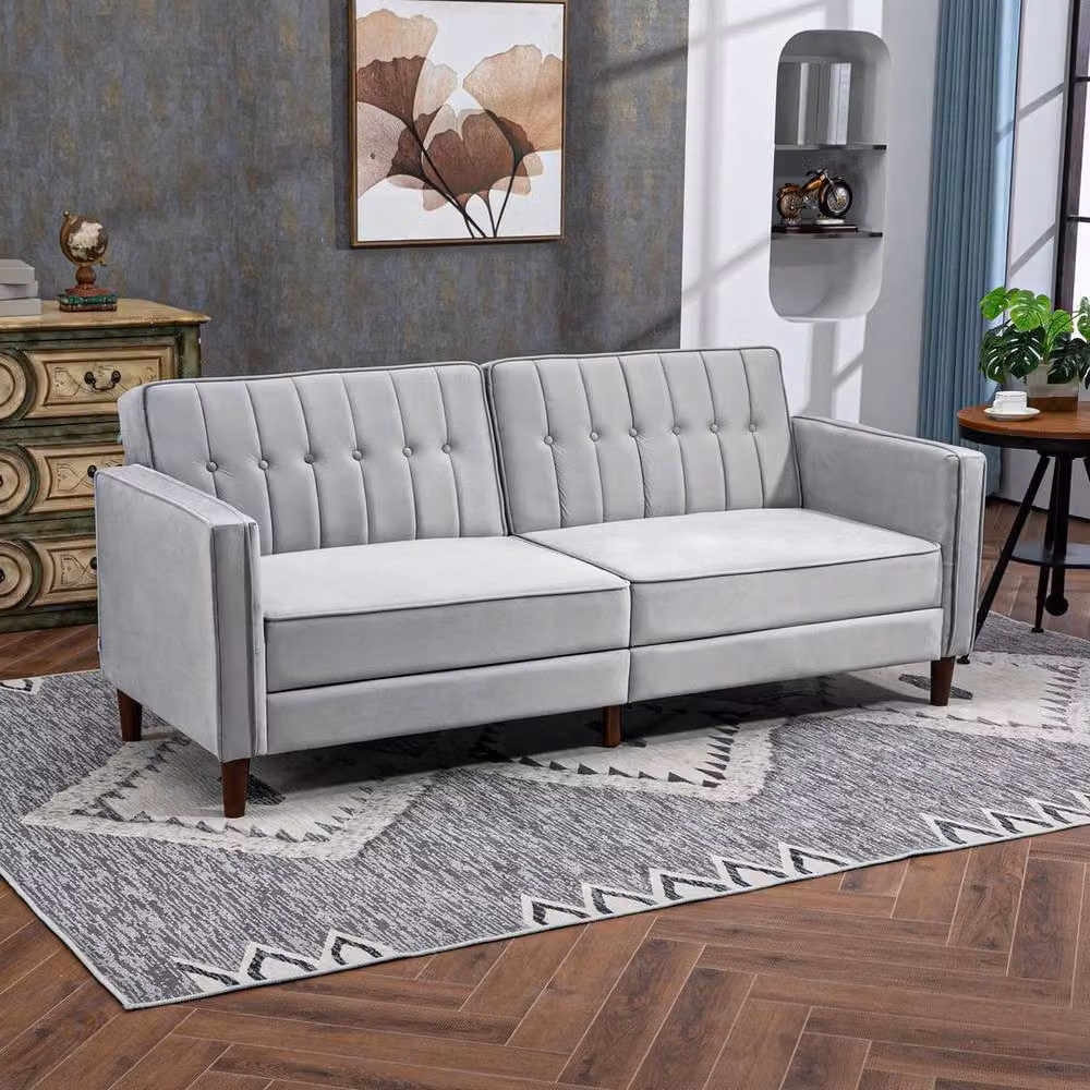 FORGEVIO Grey Velvet Convertible Sofa Futon with Click-Clack Sleeping Function, 140 x 200 cm – 4