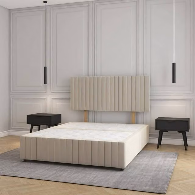 Regional Furnishings Plush Velvet Divan Bed Base with 24 inch Headboard and Footboard in Beige, Super King, W/D/H: 200 x 200 cm