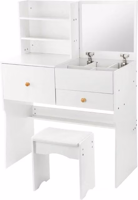 FORGEVIO Modern White Dressing Table with Mirror and Chair Set