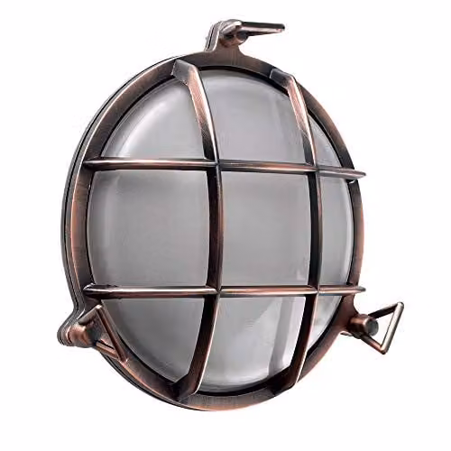 MiniSun Modern IP66 Rated Metal Nautical Outdoor Wall Light with Copper Effect and Frosted Lens, Includes 8W LED E27 Bulb