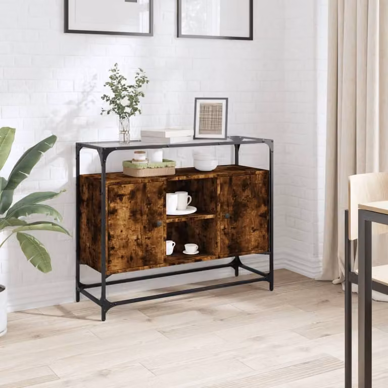 Berkfield Home Sideboard with Glass Top in Smoked Oak Brown, W/D/H: 98 x 35 x 81 cm
